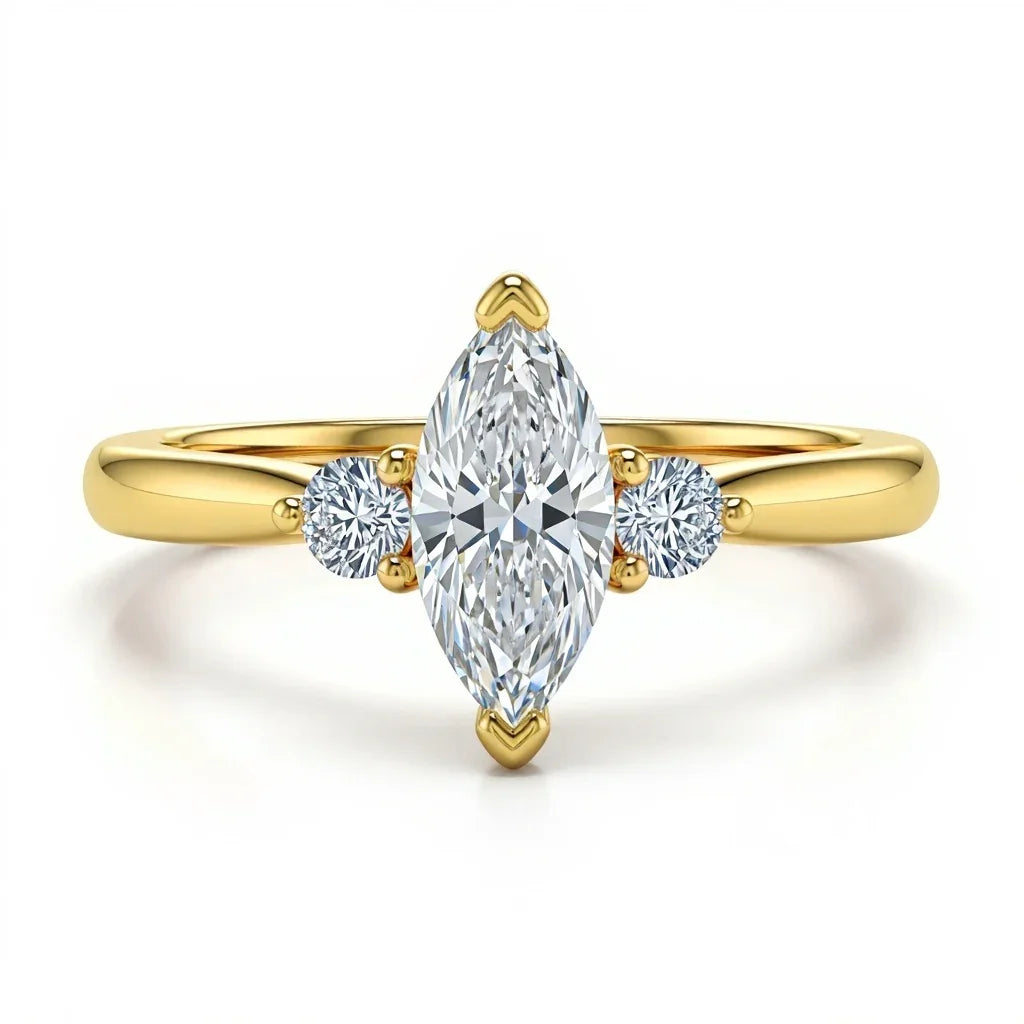 Wendi marquise shape lab grown diamond solitaire ring in yellow gold, rose gold, and white gold with 50 pointer G color centre and 8 pointer side diamonds