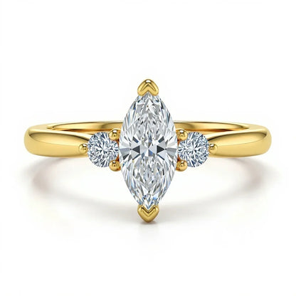 Wendi marquise shape lab grown diamond solitaire ring in yellow gold, rose gold, and white gold with 50 pointer G color centre and 8 pointer side diamonds