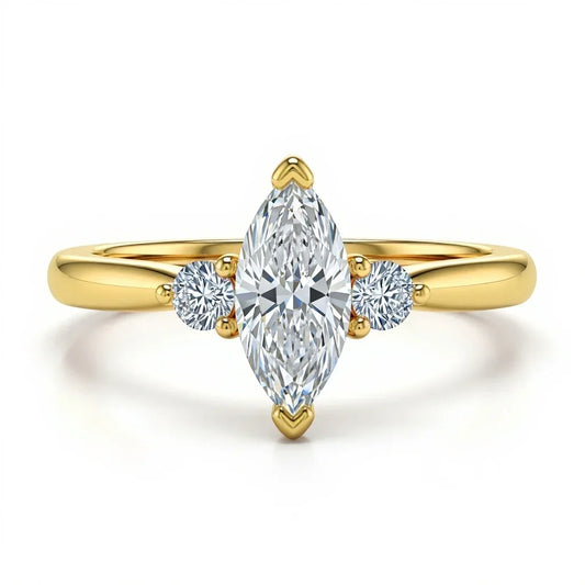 Wendi marquise shape lab grown diamond solitaire ring in yellow gold, rose gold, and white gold with 50 pointer G color centre and 8 pointer side diamonds