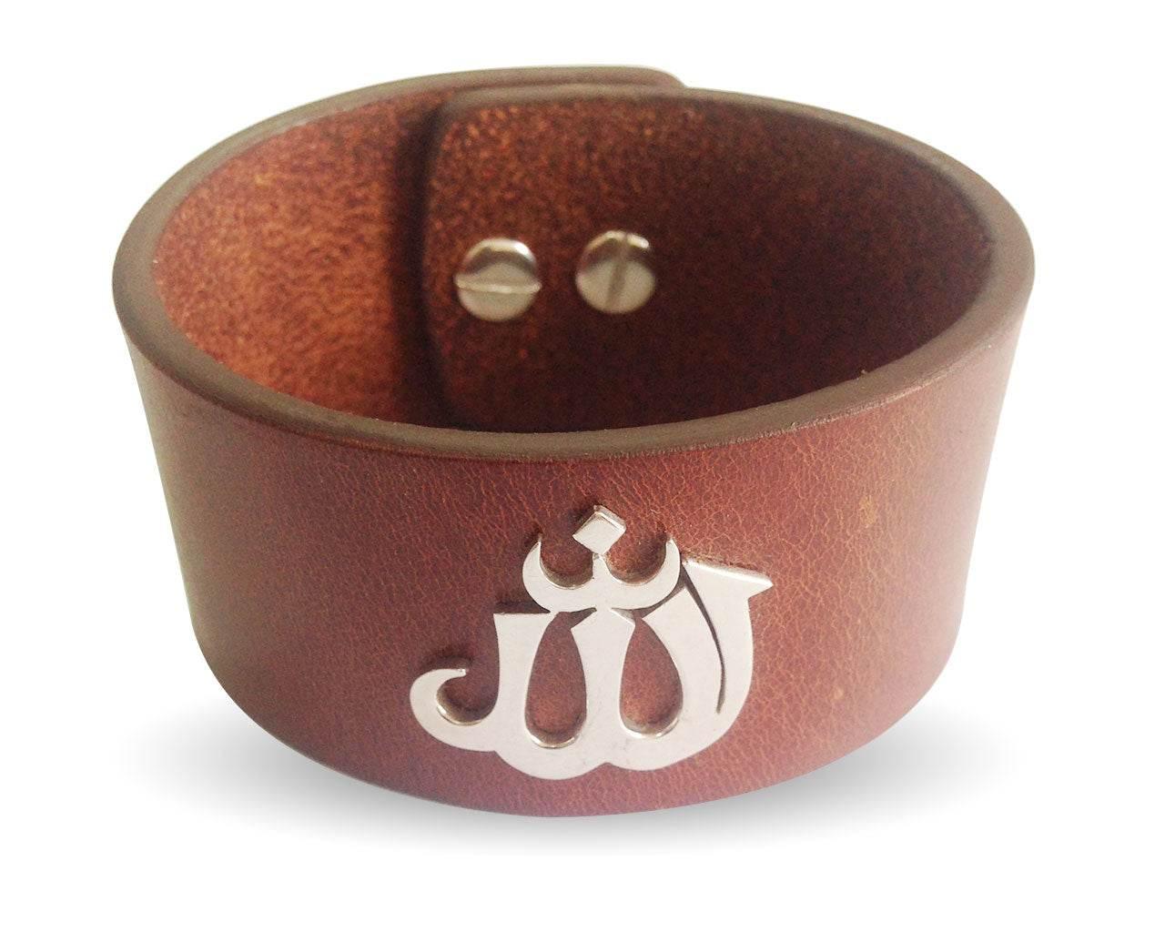 Wide leather Band Allah Bracelet - Jewelslane