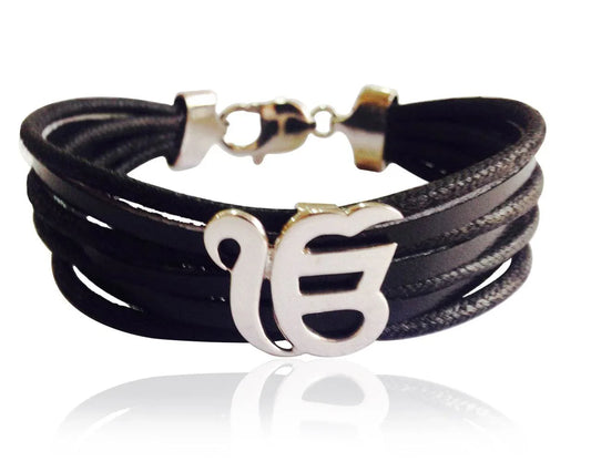 Wide Leather Band Ik Onkar Bracelet - Jewelslane