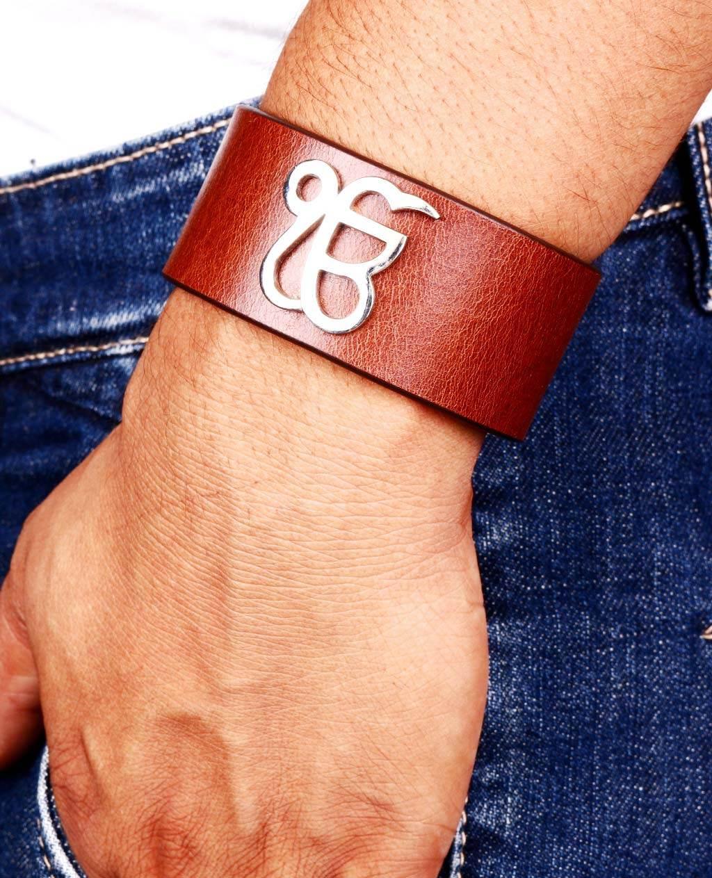 Wide Leather Ik Onkar Men’s Bracelet - Jewelslane