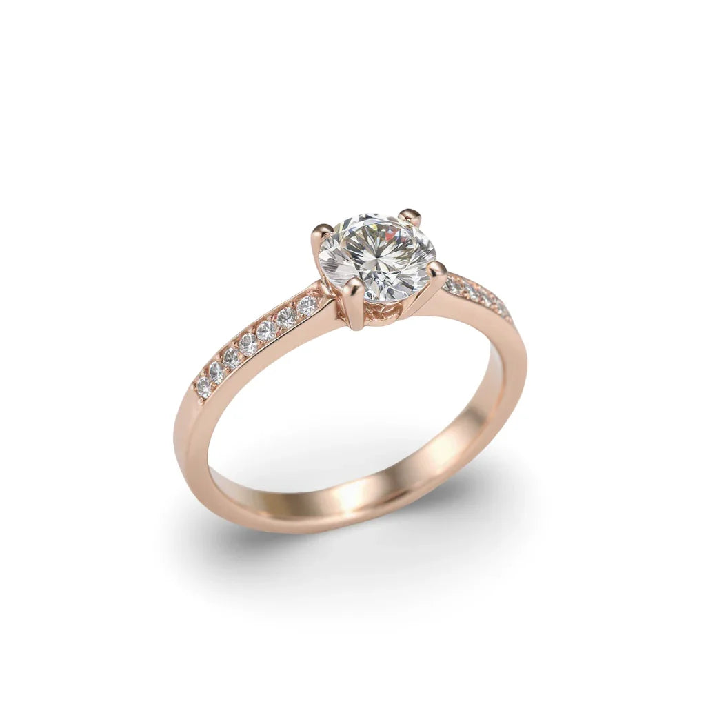 Willma Round Brilliant Lab Diamond Engagement Ring in yellow gold, rose gold, and white gold with G color VS1 centre and small round diamonds on the shank