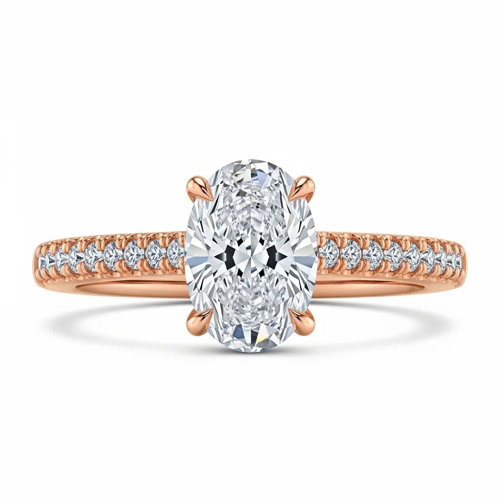 Wona Oval Shape Lab Diamond Solitaire Ring in yellow gold, rose gold, and white gold with G color VS1 oval centre and round diamonds on the shank