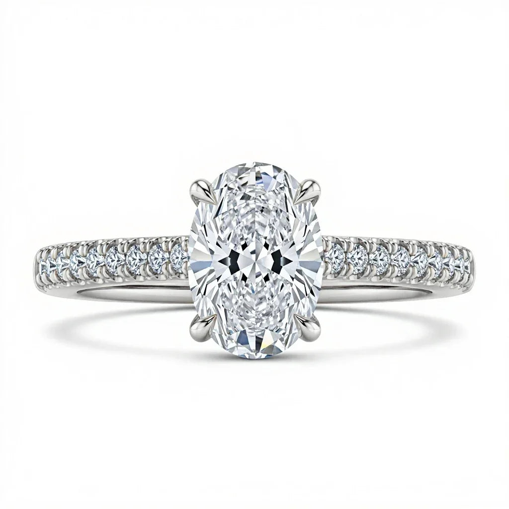 Wona Oval Shape Lab Diamond Solitaire Ring in yellow gold, rose gold, and white gold with G color VS1 oval centre and round diamonds on the shank