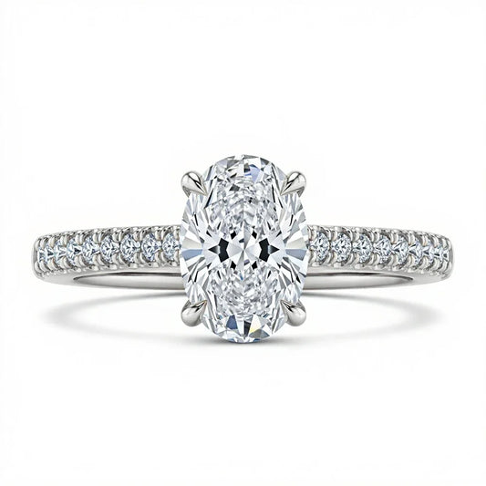 Wona Oval Shape Lab Diamond Solitaire Ring in yellow gold, rose gold, and white gold with G color VS1 oval centre and round diamonds on the shank