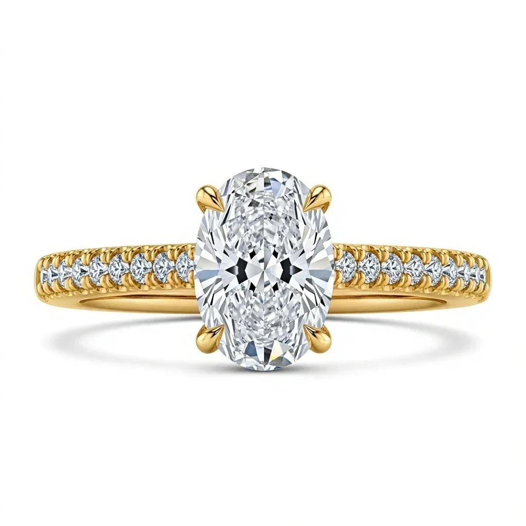 Wona Oval Shape Lab Diamond Solitaire Ring in yellow gold, rose gold, and white gold with G color VS1 oval centre and round diamonds on the shank