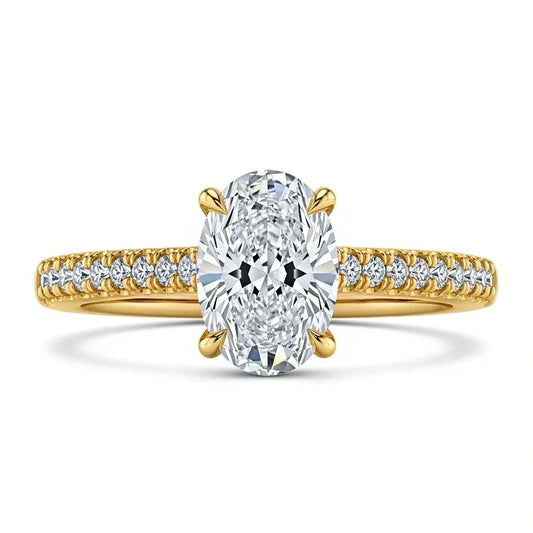 Wona Oval Shape Lab Diamond Solitaire Ring in yellow gold, rose gold, and white gold with G color VS1 oval centre and round diamonds on the shank