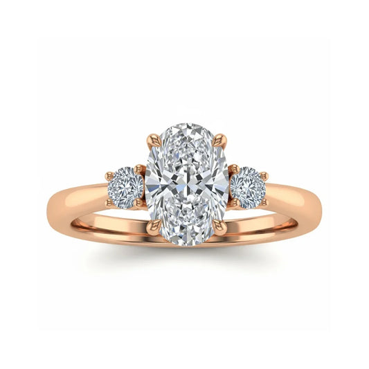 Wren Oval Shape Lab Diamond Solitaire Ring in yellow gold, rose gold, and white gold with 50-pointer G color oval centre flanked by one 8-pointer diamond on each side