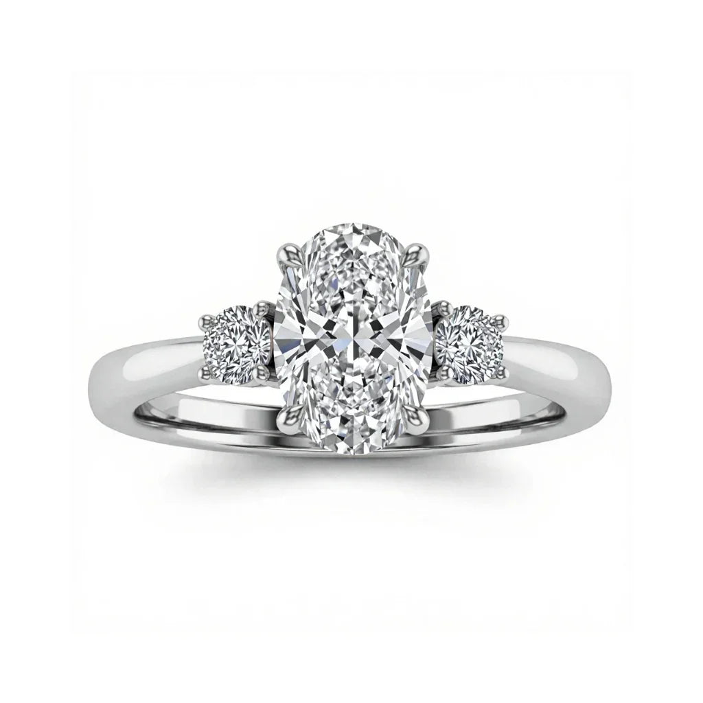 Wren Oval Shape Lab Diamond Solitaire Ring in yellow gold, rose gold, and white gold with 50-pointer G color oval centre flanked by one 8-pointer diamond on each side