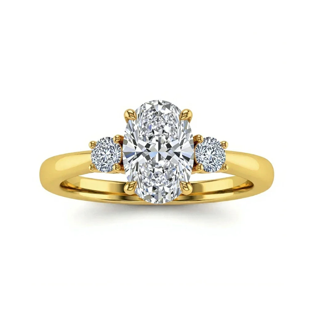 Wren Oval Shape Lab Diamond Solitaire Ring in yellow gold, rose gold, and white gold with 50-pointer G color oval centre flanked by one 8-pointer diamond on each side