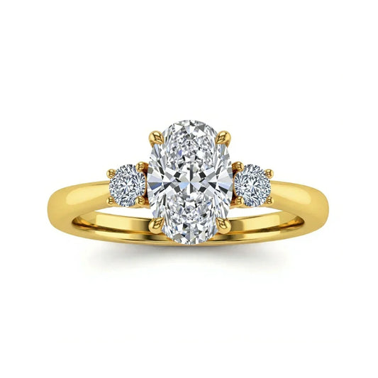 Wren Oval Shape Lab Diamond Solitaire Ring in yellow gold, rose gold, and white gold with 50-pointer G color oval centre flanked by one 8-pointer diamond on each side