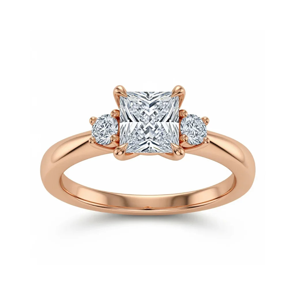 Wyla Princess Cut Lab Diamond Solitaire Ring in yellow gold, rose gold, and white gold with 50-pointer princess cut centre and 8-pointer side diamonds
