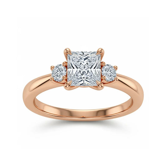 Wyla Princess Cut Lab Diamond Solitaire Ring in yellow gold, rose gold, and white gold with 50-pointer princess cut centre and 8-pointer side diamonds