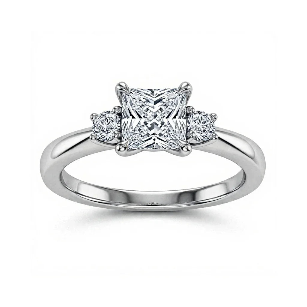 Wyla Princess Cut Lab Diamond Solitaire Ring in yellow gold, rose gold, and white gold with 50-pointer princess cut centre and 8-pointer side diamonds