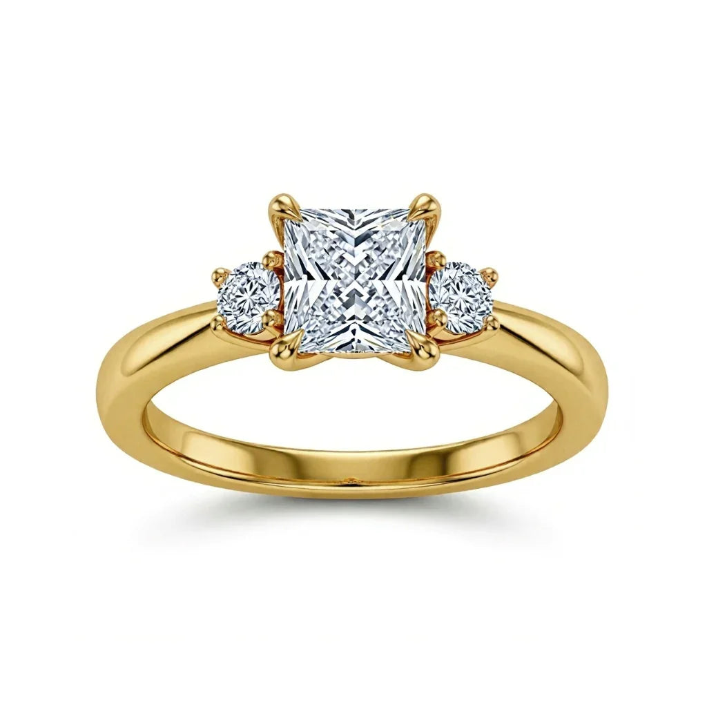 Wyla Princess Cut Lab Diamond Solitaire Ring in yellow gold, rose gold, and white gold with 50-pointer princess cut centre and 8-pointer side diamonds