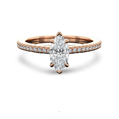 Wyn Marquise Shape Lab Diamond Solitaire Ring in yellow gold, rose gold, and white gold with G color VS clarity marquise and small diamonds on a simple shank