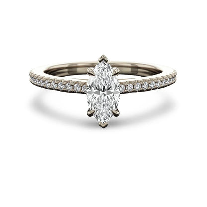 Wyn Marquise Shape Lab Diamond Solitaire Ring in yellow gold, rose gold, and white gold with G color VS clarity marquise and small diamonds on a simple shank