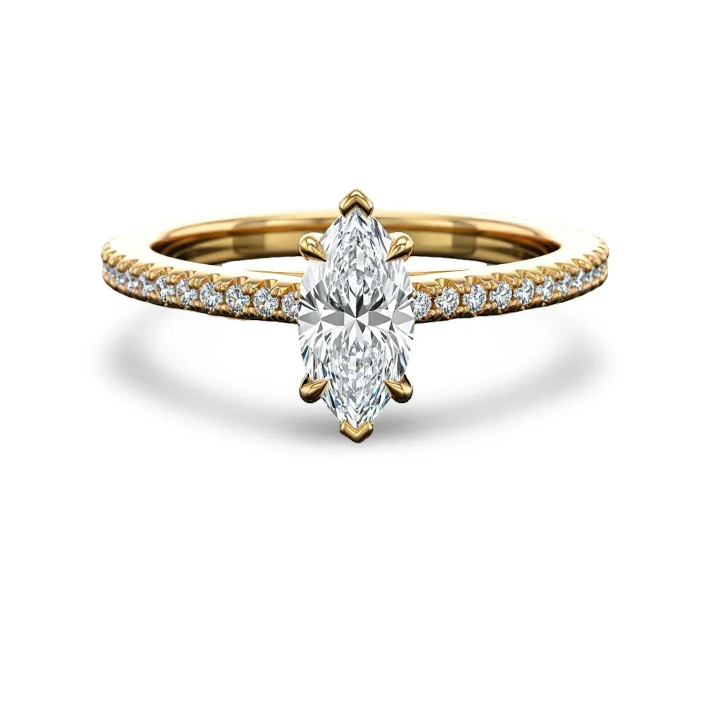 Wyn Marquise Shape Lab Diamond Solitaire Ring in yellow gold, rose gold, and white gold with G color VS clarity marquise and small diamonds on a simple shank