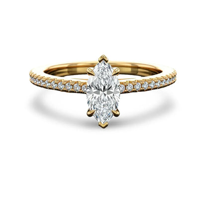 Wyn Marquise Shape Lab Diamond Solitaire Ring in yellow gold, rose gold, and white gold with G color VS clarity marquise and small diamonds on a simple shank