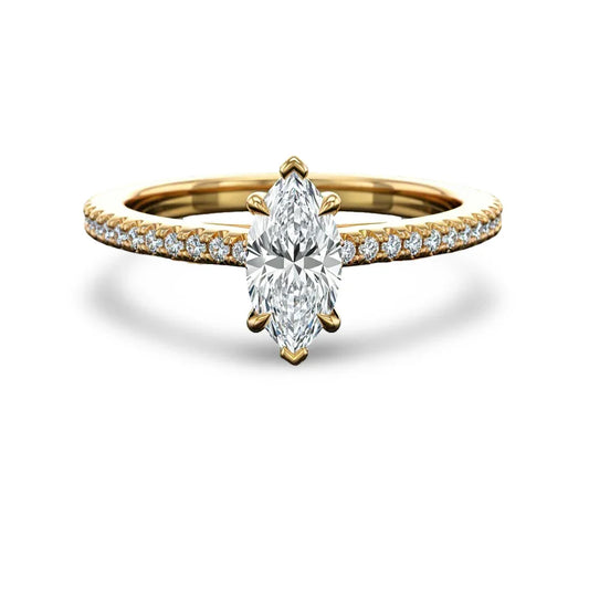 Wyn Marquise Shape Lab Diamond Solitaire Ring in yellow gold, rose gold, and white gold with G color VS clarity marquise and small diamonds on a simple shank