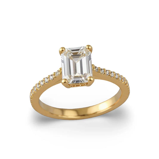 Wyna Emerald Cut Lab Diamond Solitaire Ring in yellow gold, rose gold, and white gold with 50-pointer G color centre and small diamonds on a simple shank