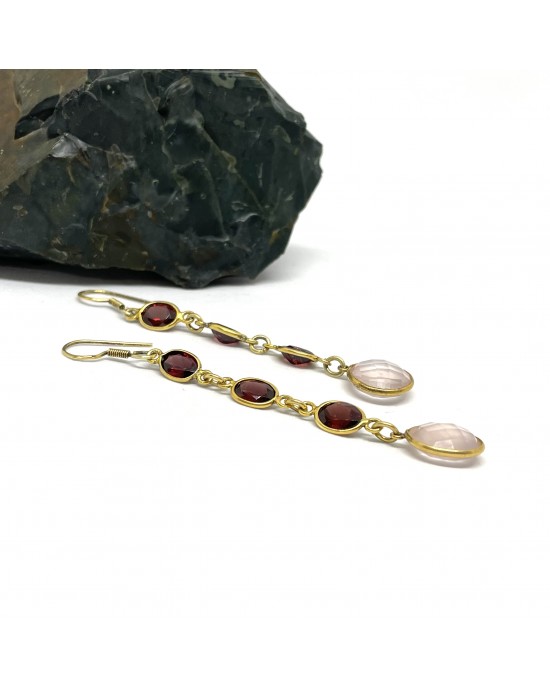 Elegant Long earrings with Rose quartz and garnet