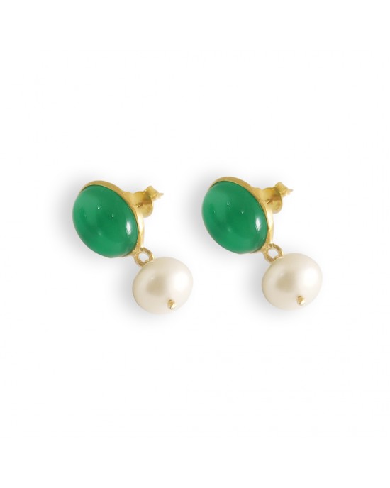 Green Onyx and pearl earrings in 18k gold plated silver