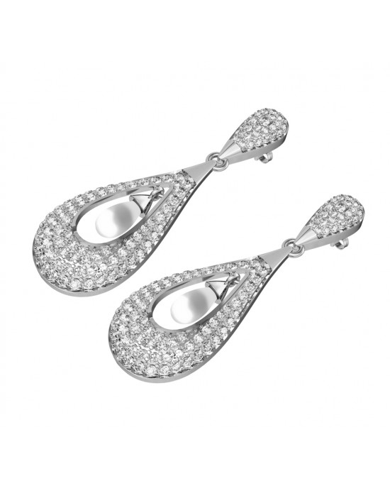 Attractive Slender Pearl & Diamond Earrings