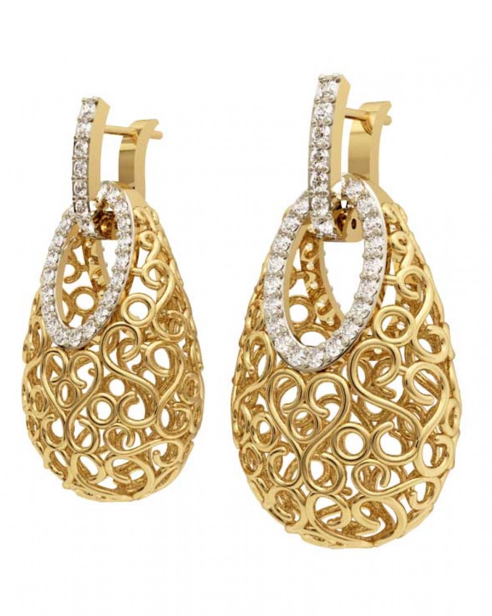 Alluring, Fancy gold filigree earrings with diamonds in gold basket design