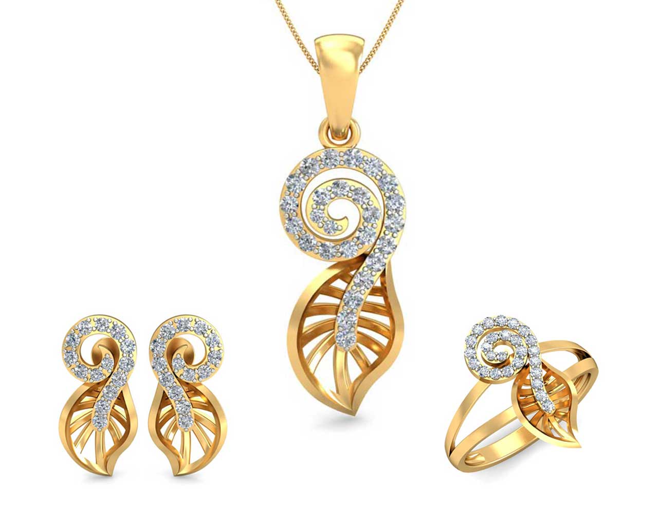 18K Gold Diamond Pendant & Earrings Set - 235-235-DPS173 in 3.100 Grams