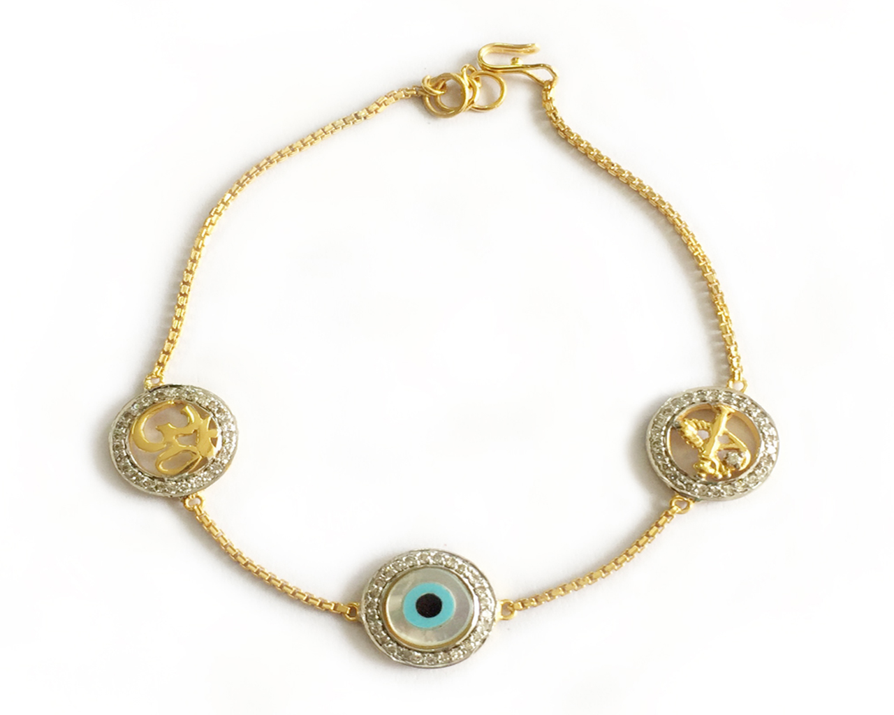 Om, Evil Eye & Krishn Pankh auspicious bracelet in Gold wi… | Flickr